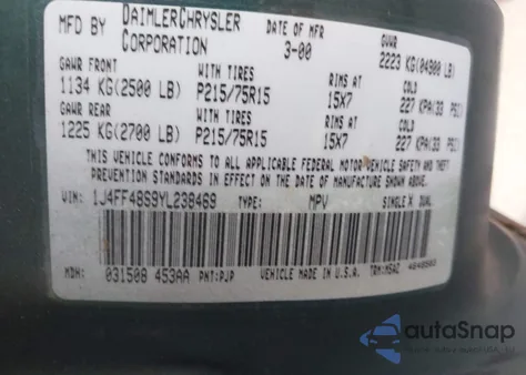 2000 Jeep Cherokee Sport from USA, damaged, VIN 1J4FF48S9YL238469